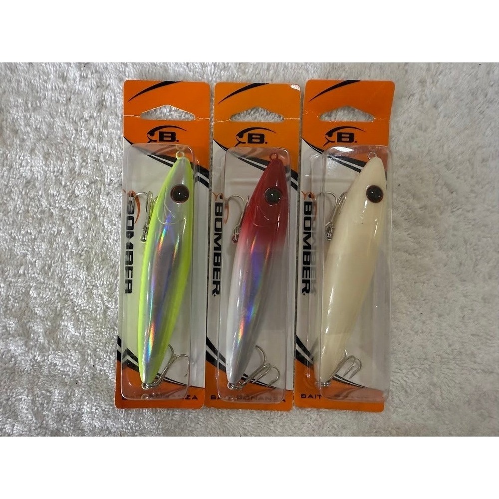 Lot of 3‎ Bomber Bait Bonanza Saltwater Fishing Lures Bone Chartreuse Red Head